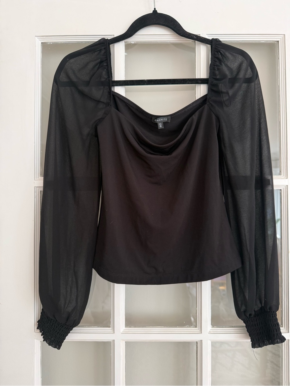 Dynamite Black Square Neck Top with Sheer Bishop Sleeves